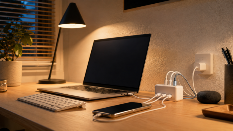 PHYSCE C1100USでノートPCやスマートフォンを充電するデスク