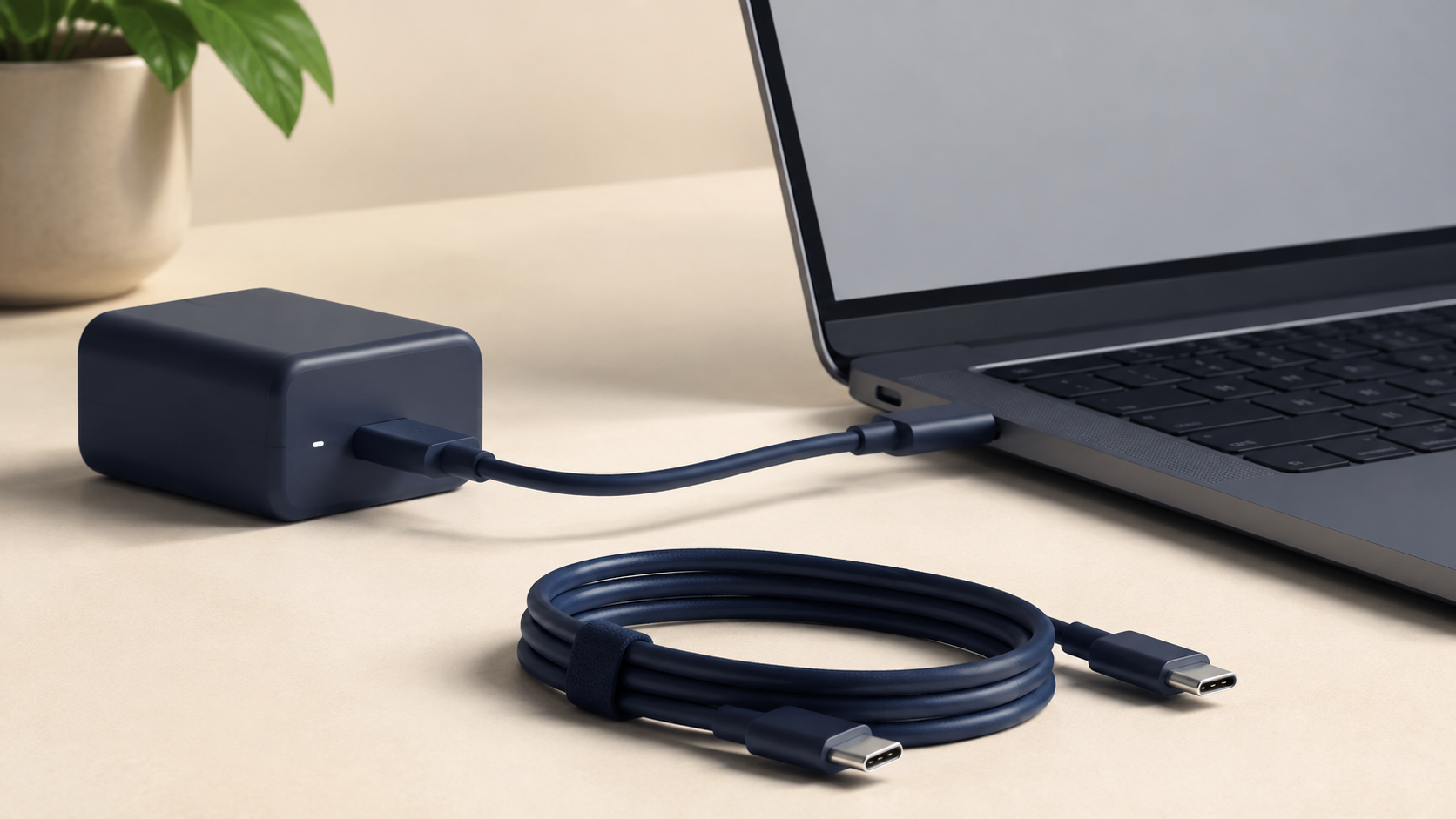 ノートPCと充電器をUSB-Cケーブルでつなぐイメージ